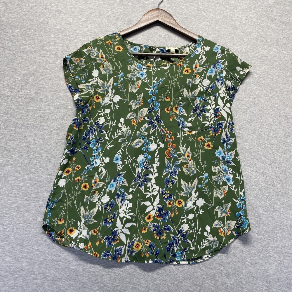 Lily White Blouse Top Womens L Green Multi Floral Print Cap Sleeve Keyhole Back